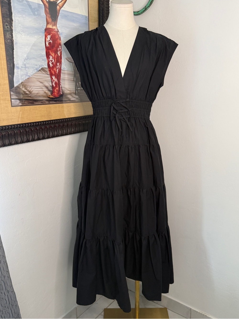 Nicole Miller Black V-Neck Tiered Maxi Dress